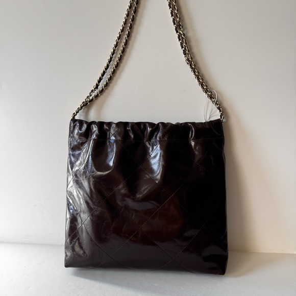Brown Oiled Shiny Quilted Leather 22 Gathered Hobo Chain Tote w/ Gold HW B8 - Picture 15 of 17